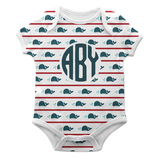 Whale Print Monogram White Boys Short Sleeve Onesie