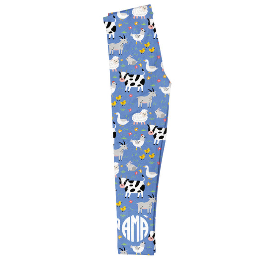 Farm Animals Print Monogram Blue Leggings