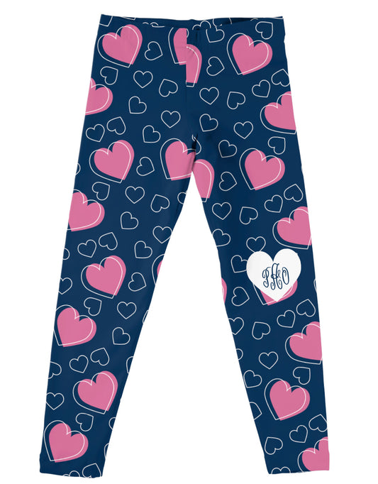 Hearts Print Personalized Monogram Navy Leggings