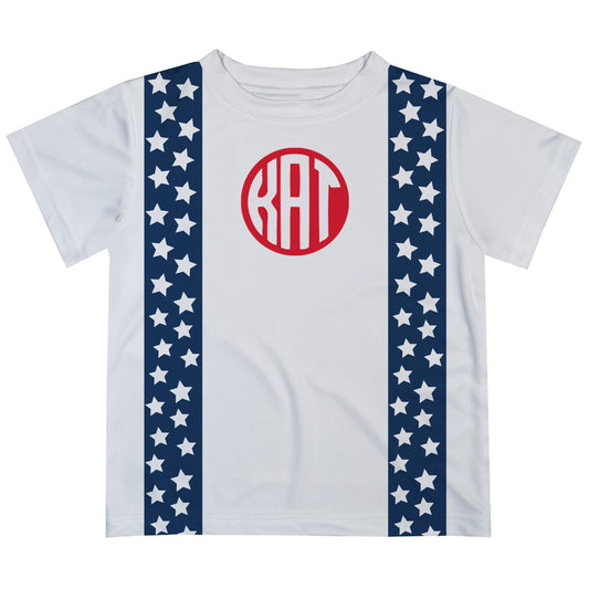 America Stars Personalized Monogram White and Navy Stripes Short Sleeve Tee Shirt