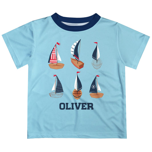 Sailboats Personalized Name Light Blue Short Sleeve Tee Shirt