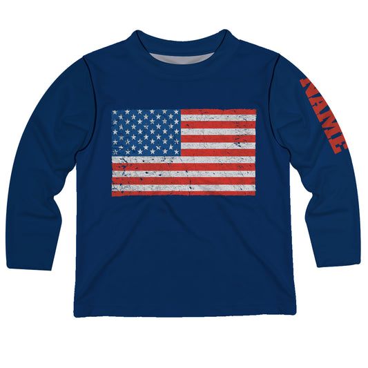 USA Flag Personalized Name Navy Long Sleeve Tee Shirt