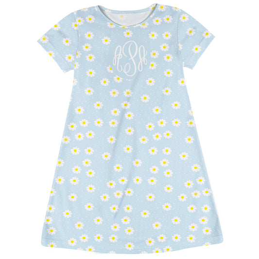 Flowers Print Personalized Monogram Light Blue Short Sleeve A Line Dress