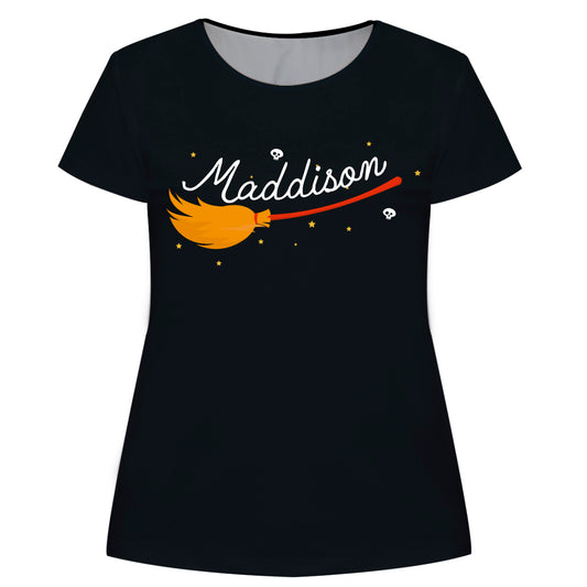 Witch´s Broom Name Black Short Sleeve Girls Tee Shirt
