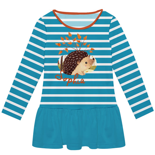 Hedgehog Personalized Name Teal and White Stripes Long Sleeve Lily Dress