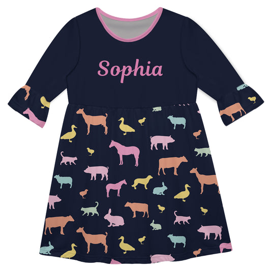 Farm Animals Print Name Navy Amy Dress 3/4 Sleeve