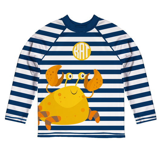 Crab Stripes Personalized Monogram Navy and White Long Sleeve Rash Guard