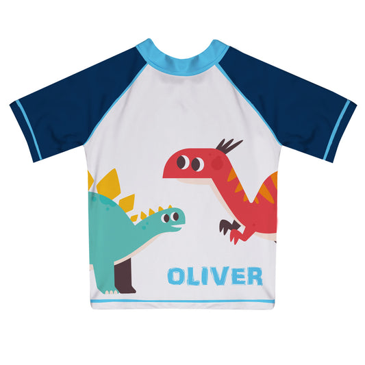 Dinosaurs Personalized Name White Short Sleeve Rash Guard