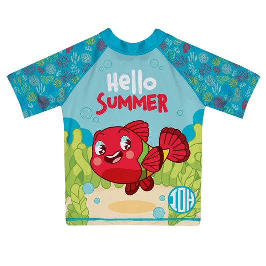 Fish Memo Personalized Monogram Blue Short Sleeve Rash Guard