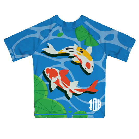 Koi Fish Personalized Monogram Blue Short Sleeve Rash Guard
