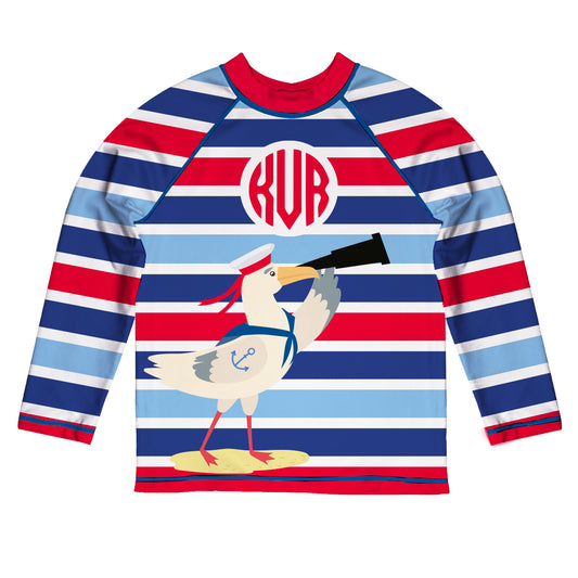 Seagull Personalized Monogram Red White Blue Stripes Long Sleeve Rash Guard