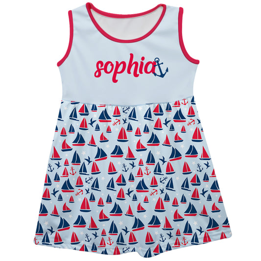 Sail boats Print Name Light Blue Tank Dress