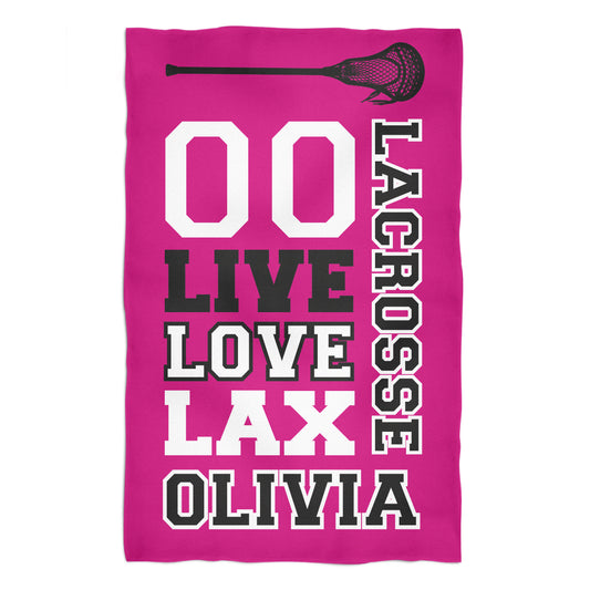 Live Love Lax Personalized Name and Number Hot Pink Towel 51 x 32""