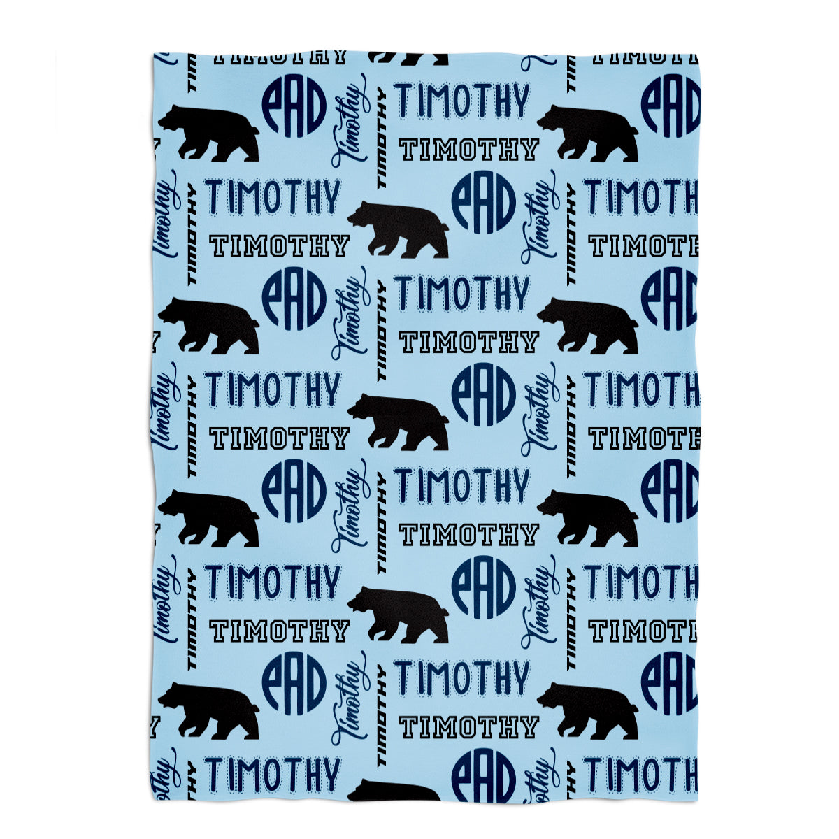 Bear Personalized Name and Monogram Print Light Blue Plush Minky Throw 38 x 47""