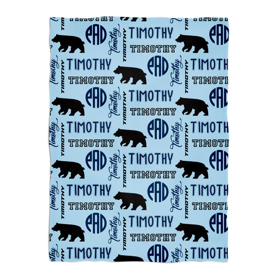 Bear Personalized Name and Monogram Print Light Blue Plush Minky Throw 38 x 47""