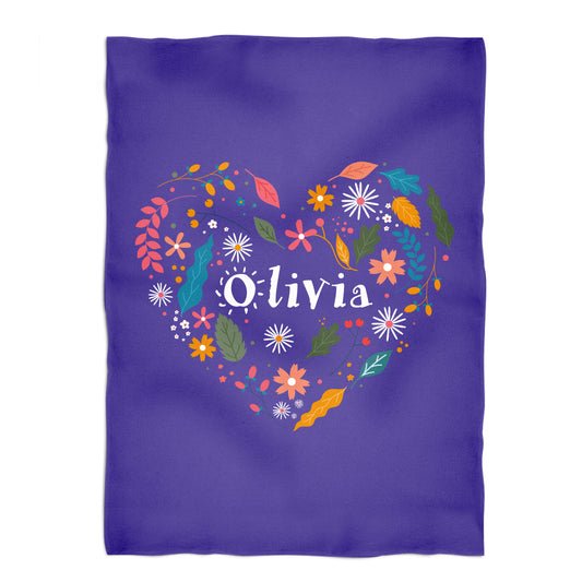 Heart Flowers Personalized Name Purple Plush Minky Throw Blanket 38 x 47""