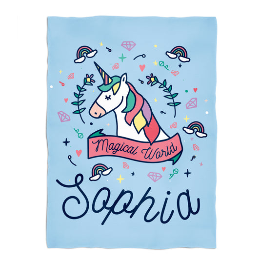 Magical World Personalized Name Light Blue Plush Minky Throw Blanket 38 x 47""