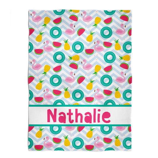 Summer Print Personalized Name White Plush Minky Throw Blanket 38 x 47""