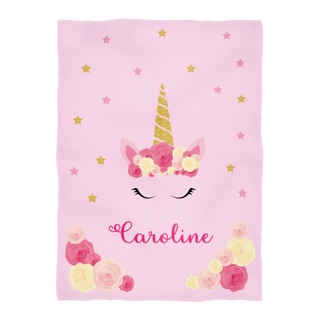 Unicorn and Roses Personalized Name Pink Plush Minky Throw Blanket 38 x 47""