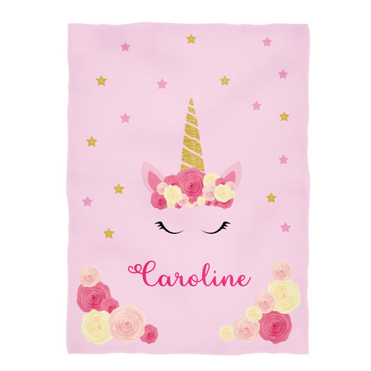 Unicorn and Roses Personalized Name Pink Plush Minky Throw Blanket 38 x 47""