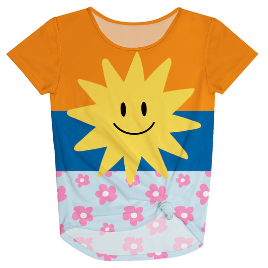 Sun Flowers Print Orange Blue and Light Blue Knot Top