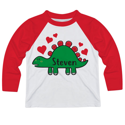 Dinosaur Hearts Personalized Name White and Red Raglan Long Sleeve Tee Shirt