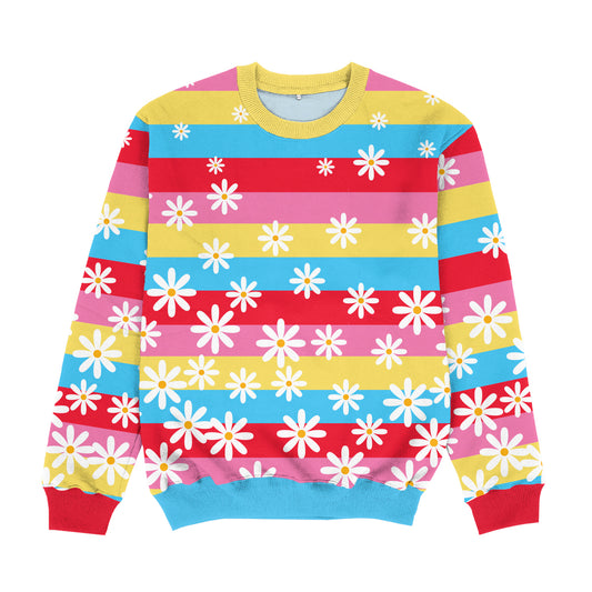Flowers Light Blue Red and Yellow Stripes Crewneck Sweatshirt