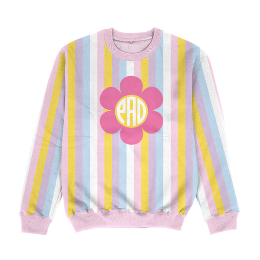 Flowers Personalized Monogram Pink Yellow and Purple Stripes Crewneck Sweatshirt