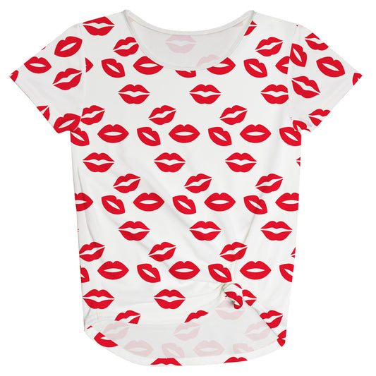 Lips Print White Short Sleeve Knot Top