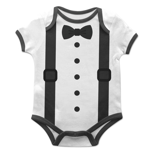 Bow Tie and Suspenders White Short Sleeve Onesie