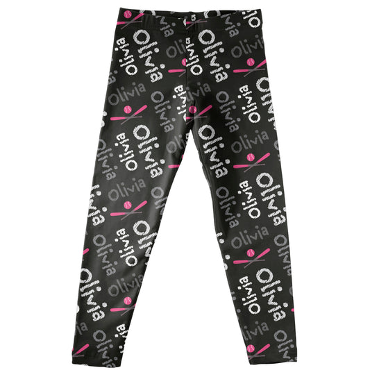 Baseball and Name Print Black Leggings