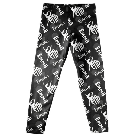 Gymnast Name And Monogram Print Black Leggings