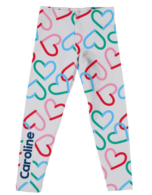 Hearts Print Personalized Name Light Blue Leggings