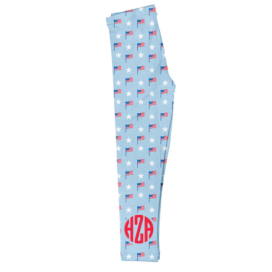 USA Flag Print Personalized Monogram Light Blue Leggings