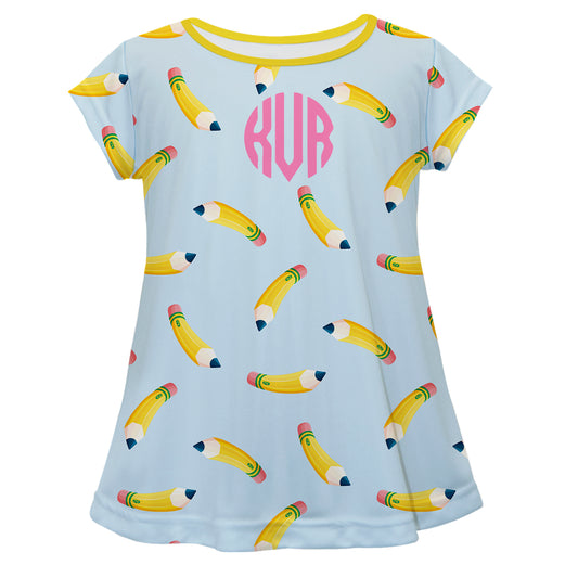 Pencils Print Monogram Light Blue Short Sleeve Laurie Top