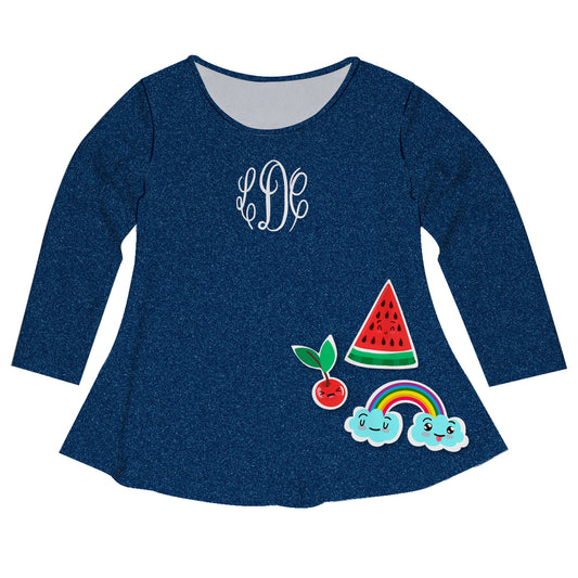Stickers Monogram Blue Denim Long Sleeve Laurie Top
