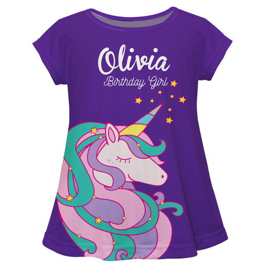 Unicorn Birthday Girl Name Purple Short Sleeve Laurie Top
