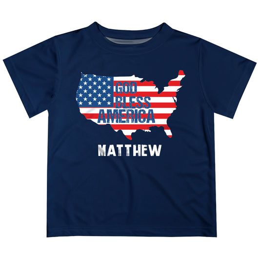 God Bless America Personalized Name Navy Short Sleeve Tee Shirt