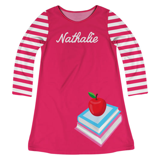 Books and Apple Personalized Name Hot Pink Long Sleeve A line Dress