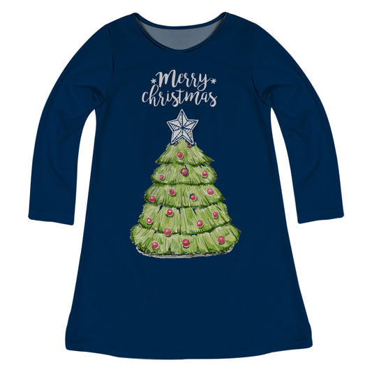 Christmas Tree Navy Long Sleeve A Line Dress