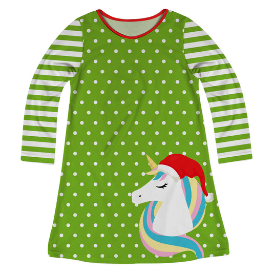 Christmas Unicorn Green Polka Dots Long Sleeve A Line Dress
