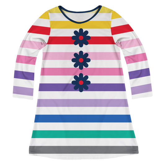 Flowers White Yellow and Red Stripes Long Sleeve A Line Dress