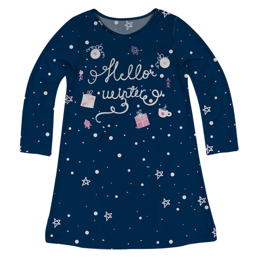Hello Winter Navy Long Sleeve A Line Dress