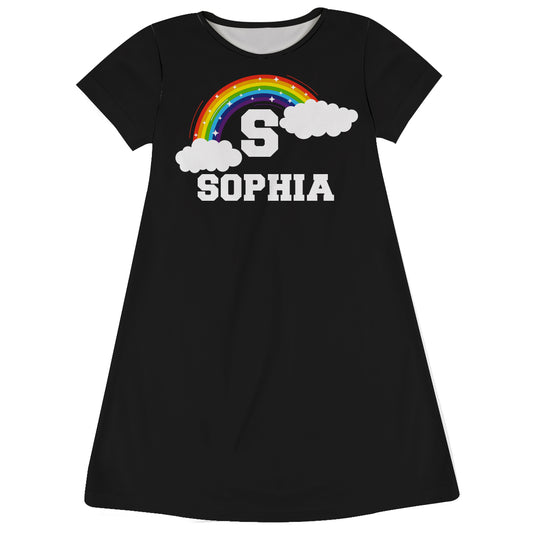 Rainbow Initial And Name Black Short Sleeve A Line Dress - Wimziy&Co.