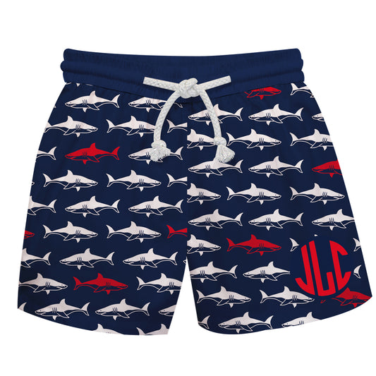 Sharks Print Personalized Monogram Navy Swimtrunk