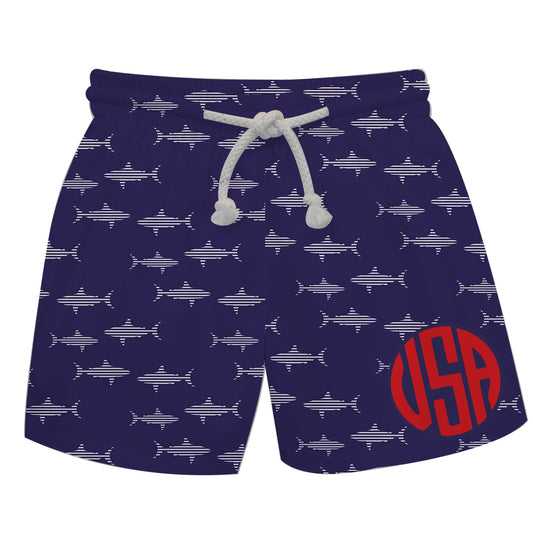 Sharks Print Monogram Navy Swimtrunk