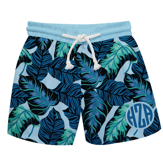 Tropical Leaves Print Personalized Monogram Light Blue Swimtrunk