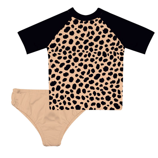 Animal Print Khaki and Black 2pc Short Sleeve Rash Guard