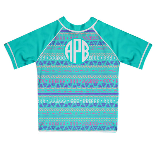 Boho Print Monogram Turquoise Short Sleeve Rash Guard