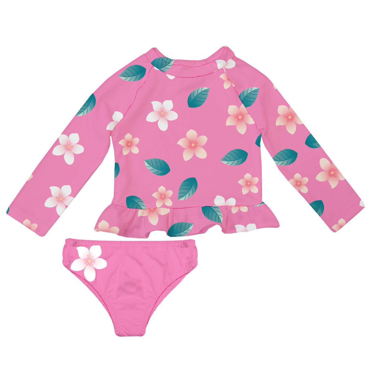Floral Print Pink 2pc Long Sleeve Rash Guard